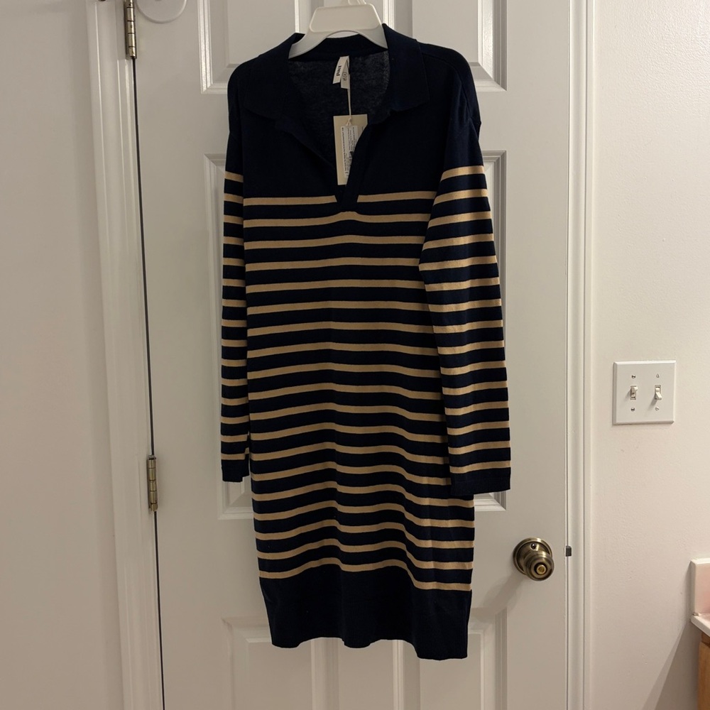 New Pact Striped Organic Cotton fine knit collared sweater dress women M NWT